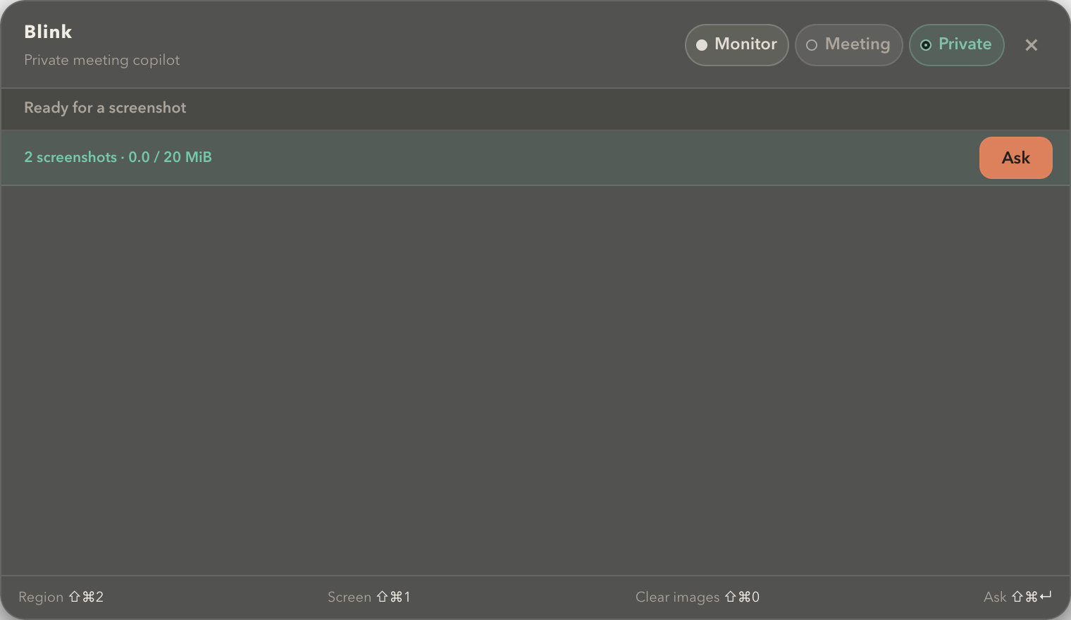 Blink Monitor: Two screenshots are staged. Nothing is submitted until you Ask.